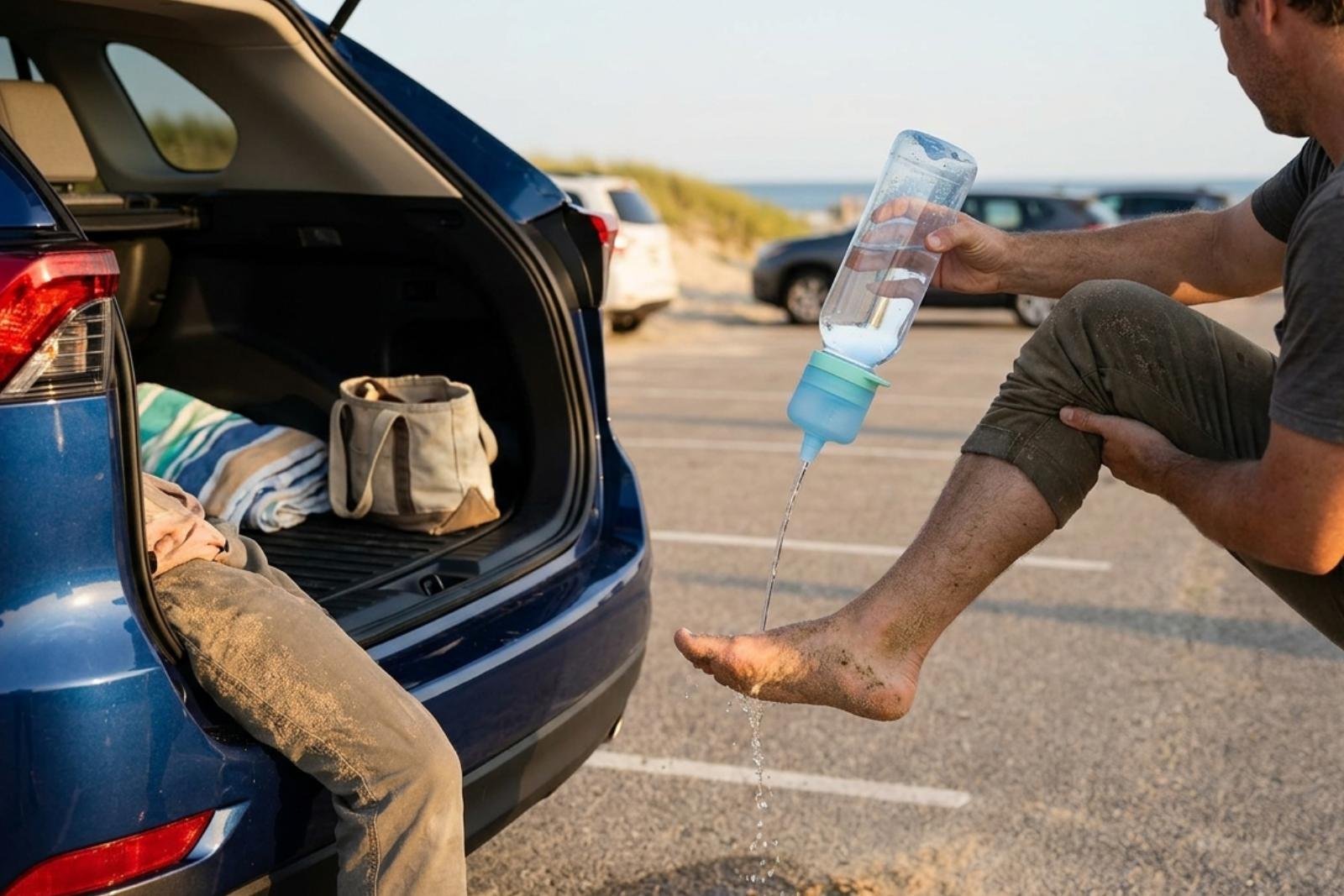 Adult on the open tailgate of an SUV at a beach parking lot, rinsing sandy feet with a CapTool Rinse cap on a water bottle