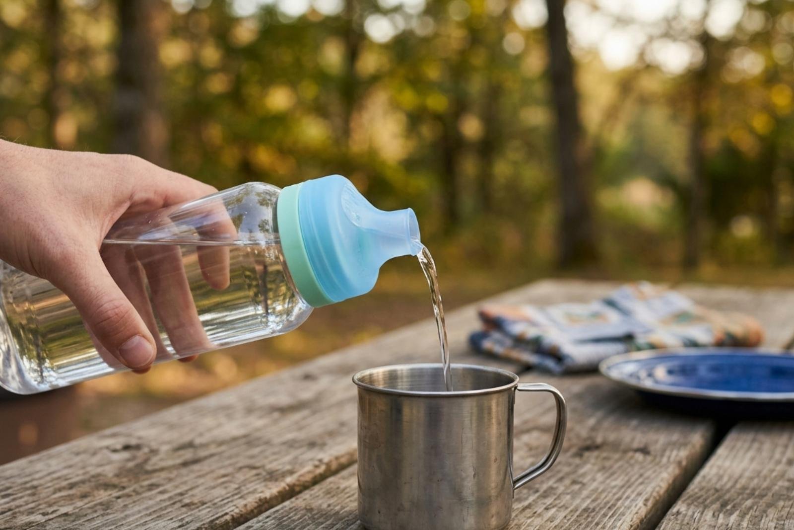 Controlled pour from a bottle into a metal camping cup at a campsite picnic table