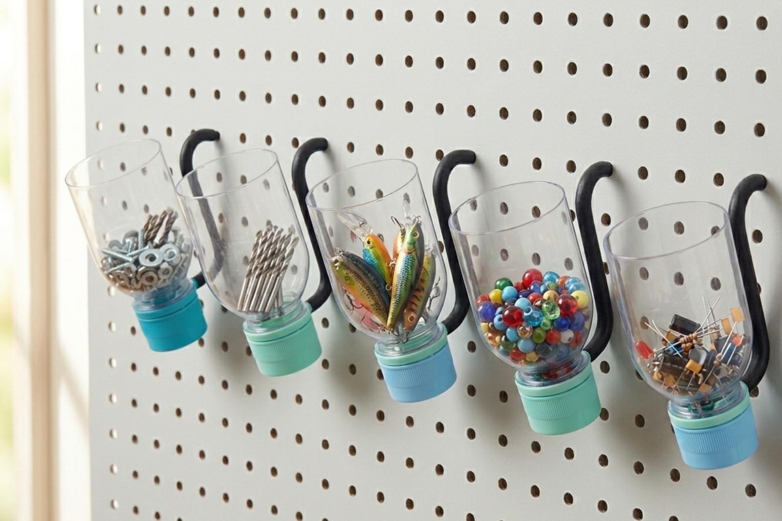 A workshop pegboard wall with a row of cut-bottle bins hanging from CapTool Peg caps, each holding different small hardware: screws, washers, drill bits, and fishing tackle