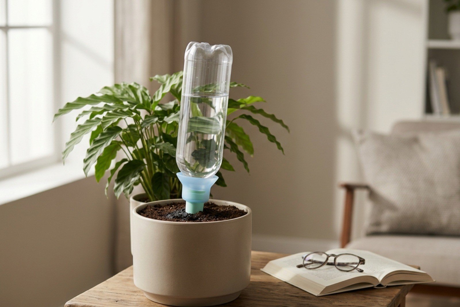 Clear plastic bottle inverted into a houseplant with a CapTool Drip cap pressed into the soil