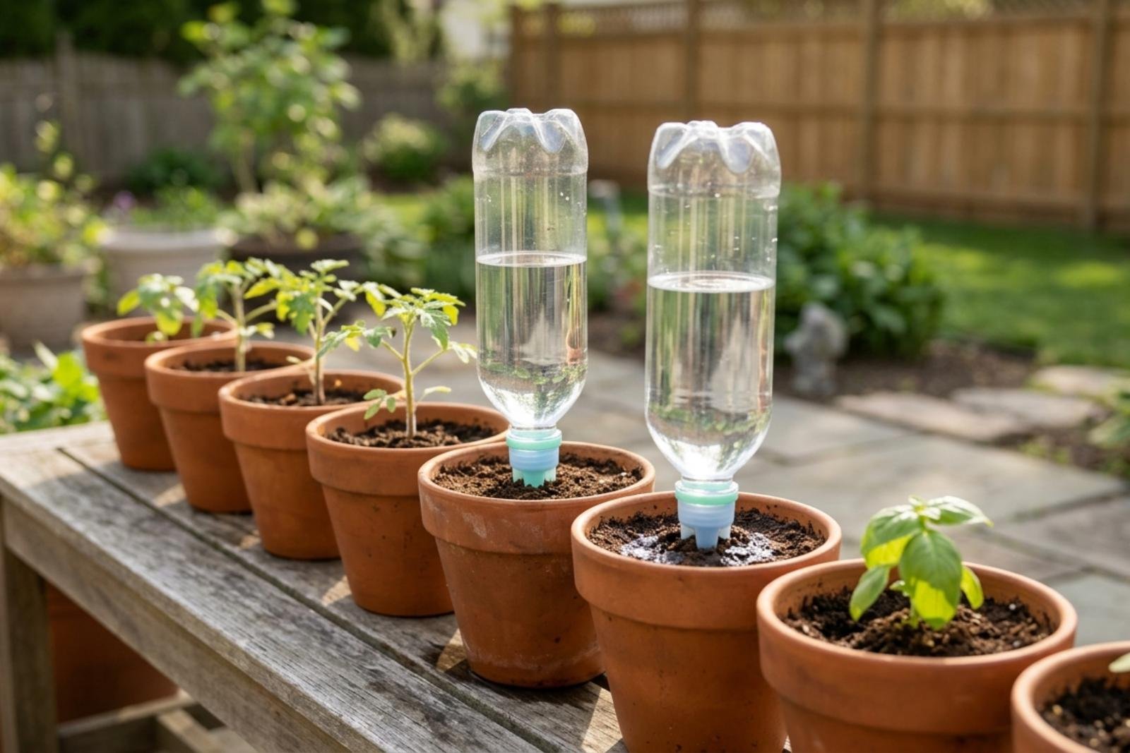 A row of terracotta pots with young seedlings on a sunny patio bench, two of them watered by inverted bottles with CapTool Drip caps pressed into the soil