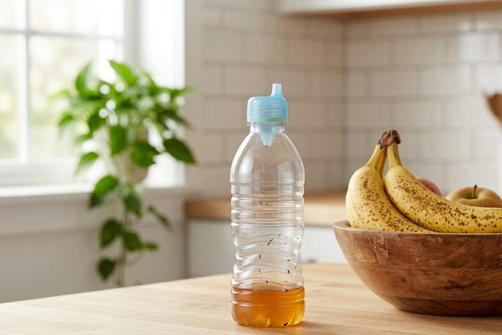 A clear bottle on a kitchen counter beside a fruit bowl, with a Trap cap on top and a few fruit flies inside the bottle