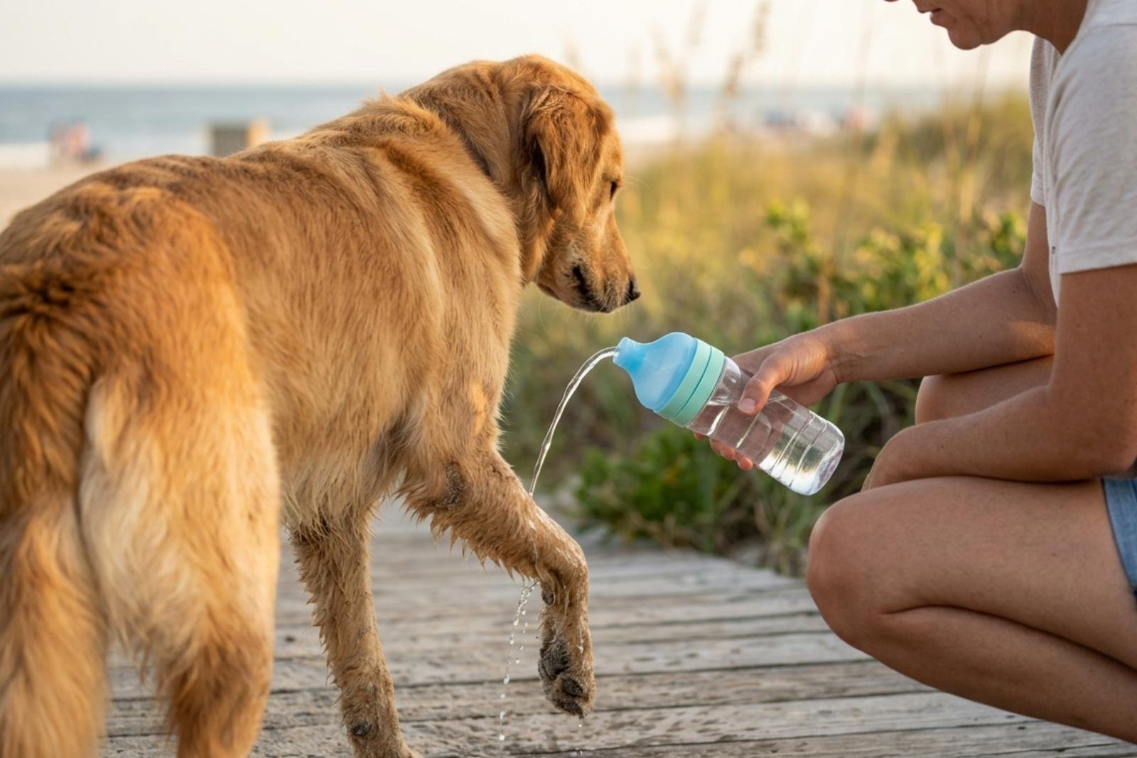 Adult crouching beside a dog on a wooden beach boardwalk, rinsing the dog's sandy paw with a CapTool Rinse cap