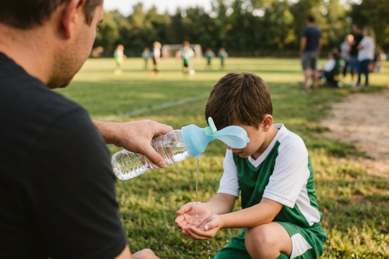Parent and child rinsing sticky hands with a CapTool Rinse cap at the edge of a youth soccer field