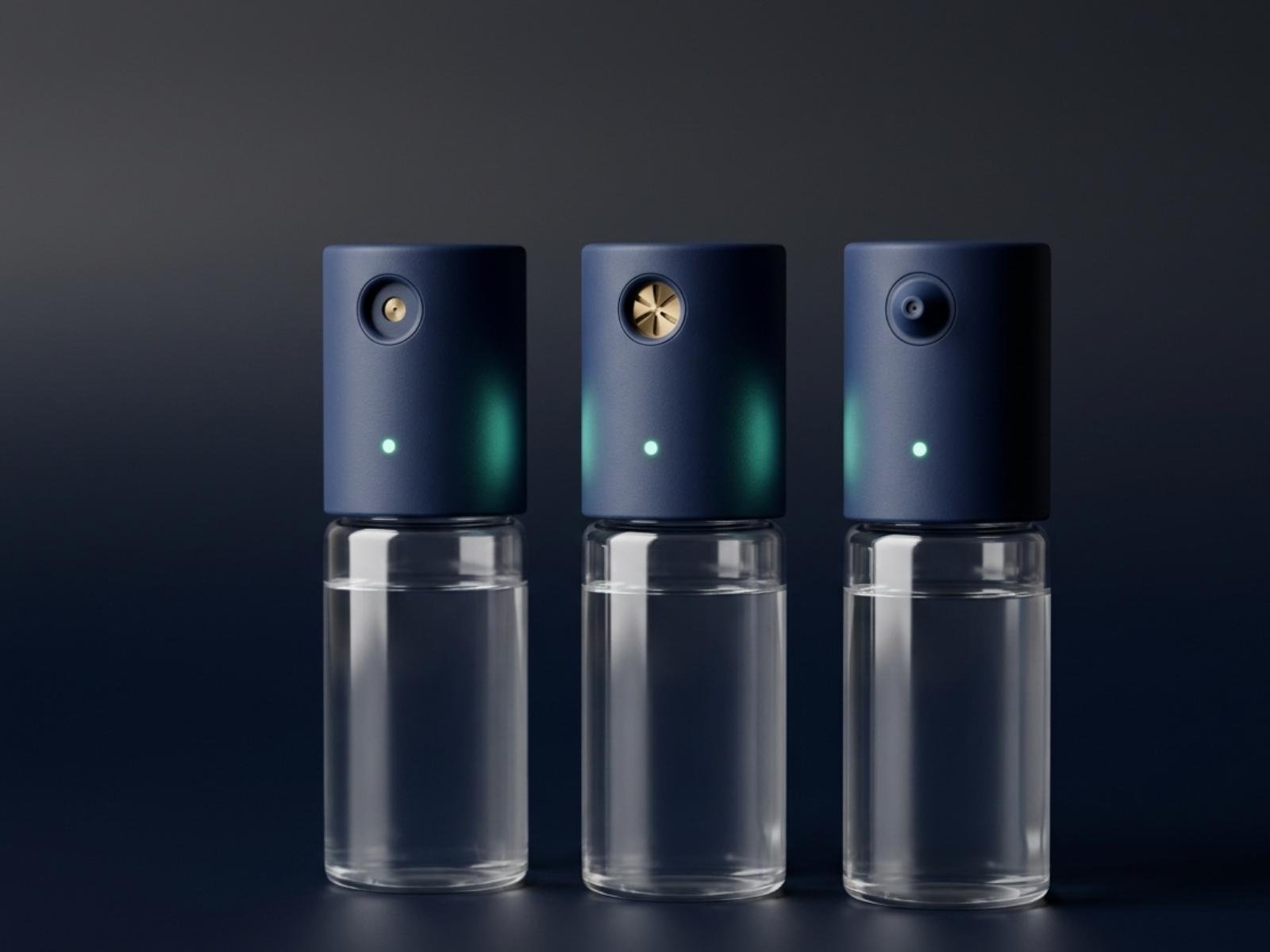 Three CapTool Active caps on a dark surface in matte navy housing with mint green status LEDs, each on a clear plastic bottle