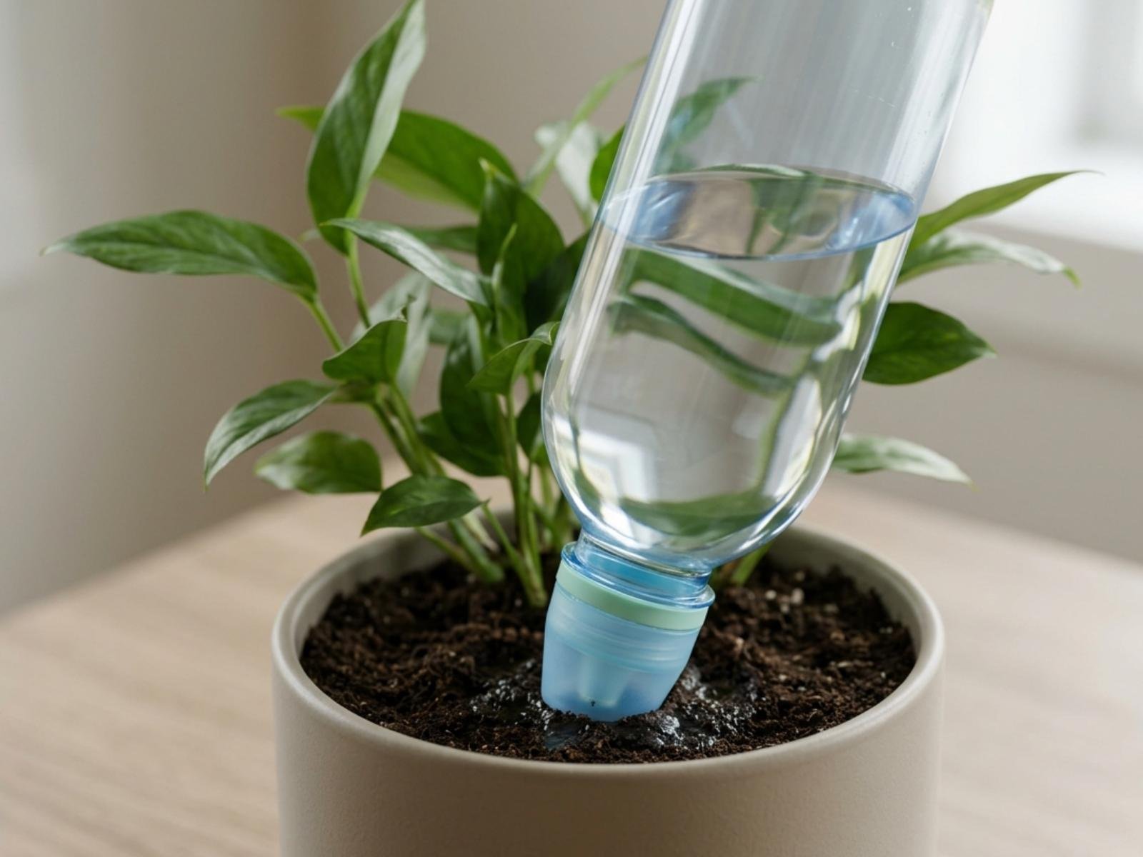 CapTool Drip cap on a clear plastic 1L bottle inverted over a small modern houseplant