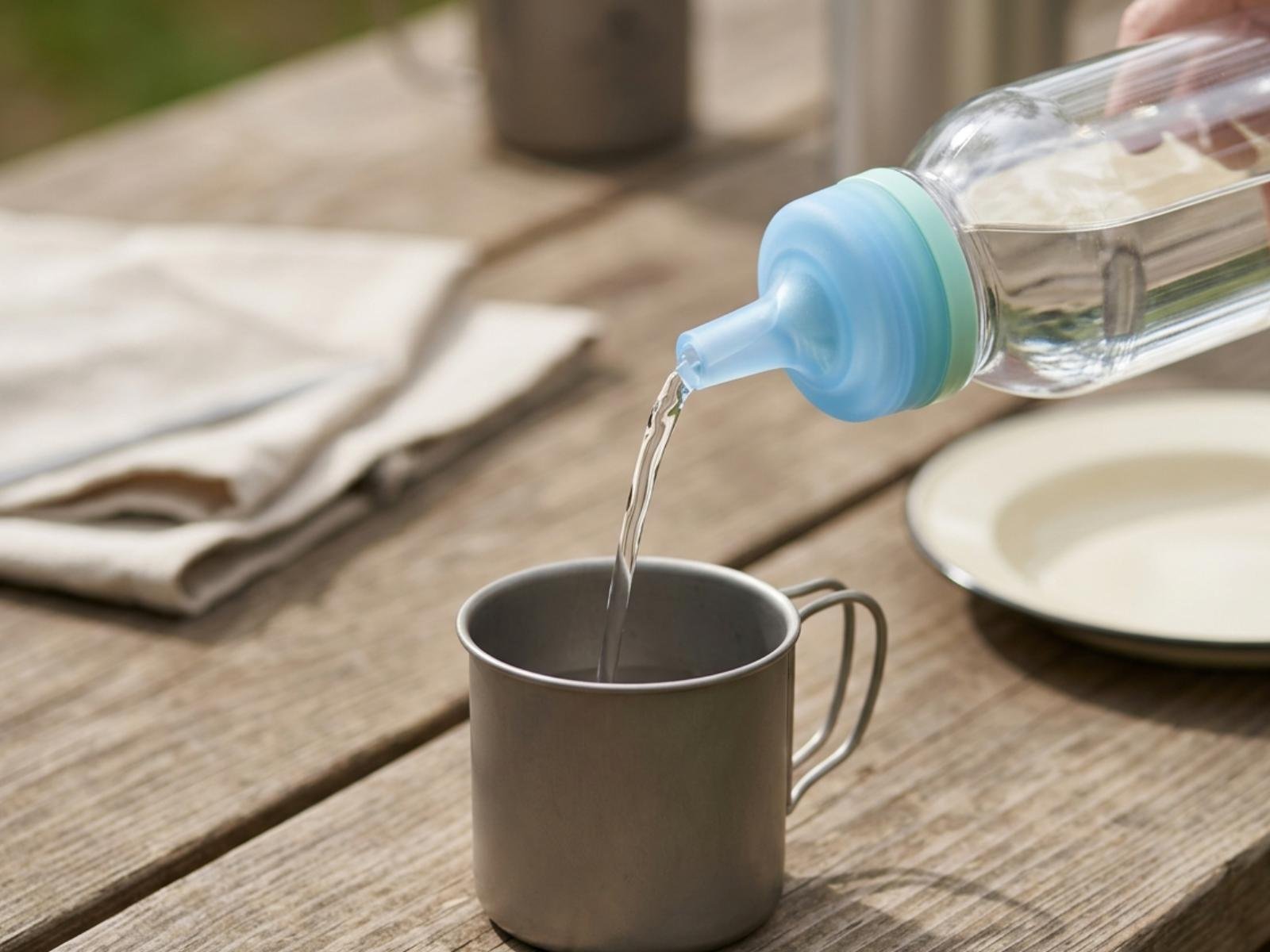 CapTool Pour cap on a clear plastic bottle tilted, releasing a thin controlled stream of water