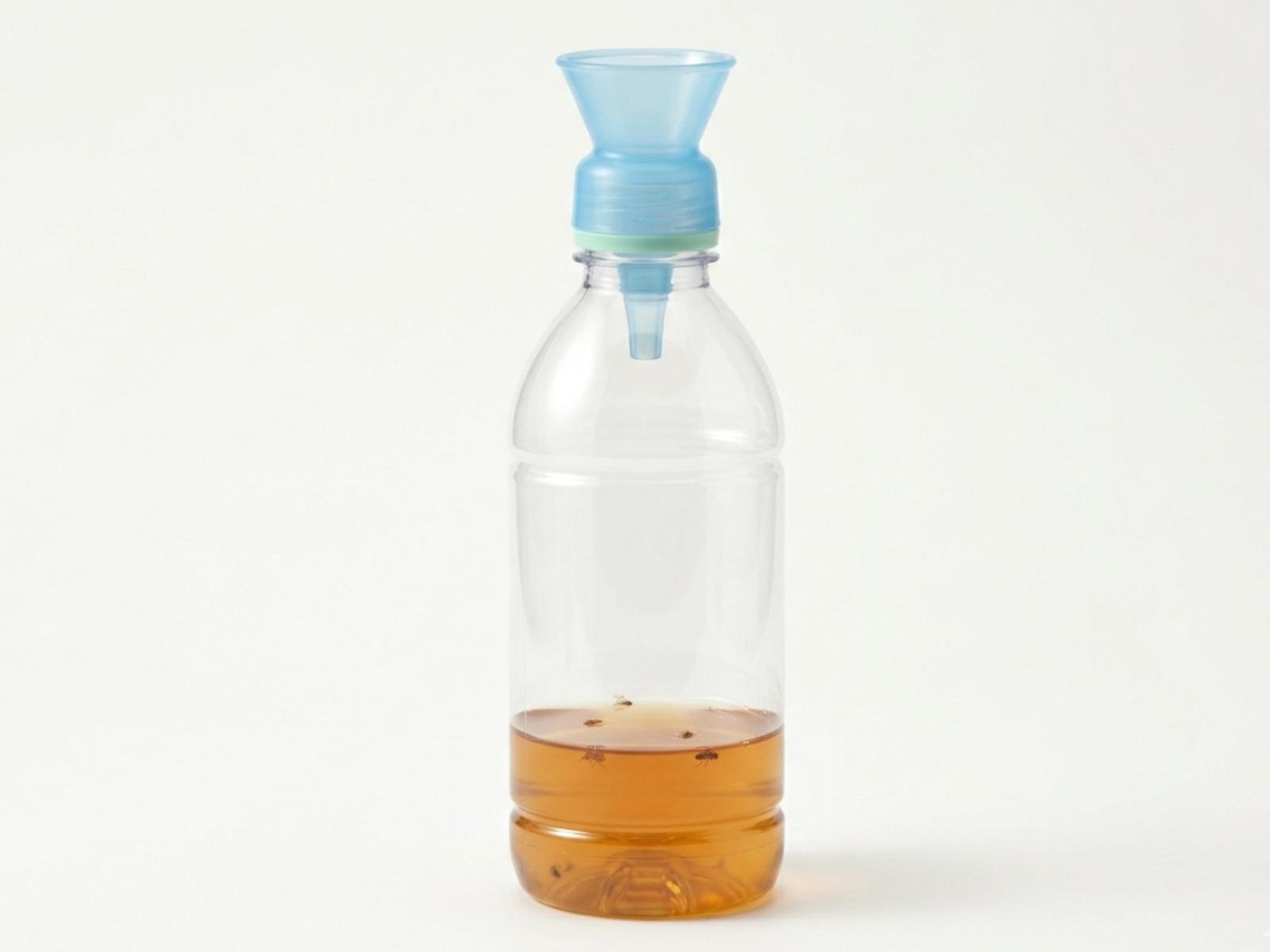 CapTool Trap cap with a one-way entry cone on a clear plastic bottle holding amber bait liquid, with a few fruit flies caught inside